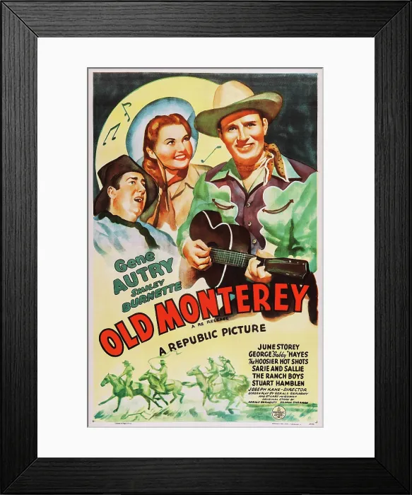 Framed Print : IN OLD MONTEREY, US poster, from left: Smiley Burnette, June Storey, Gene Autry, 1939 Framed Print : IN OLD MONTEREY, US poster, from left: Smiley Burnette, June Storey, Gene Autry, 1939