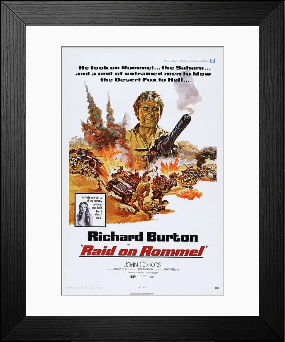 Framed Print : RAID ON ROMMEL, US poster, Richard Burton (top), Danielle De Metz (in box), 1971