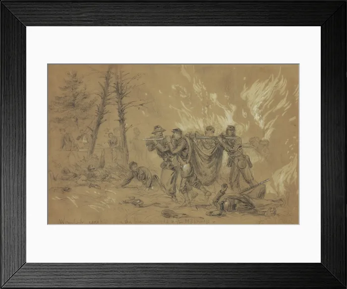 Framed Print : US Civil War. The Overland Campaign, The Wilderness, May 5-7, 1864. Union soldiers bring out wounded from burning woods during the Wilderness battle