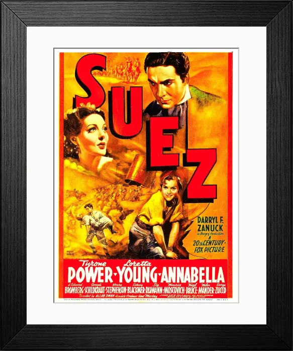 Framed Print : SUEZ, left: Loretta Young, upper right: Tyrone Power, bottom: Annabella on midget window card, 1938, TM and Copyright 20th Century Fox Film Corp Framed Print : SUEZ, left: Loretta Young, upper right: Tyrone Power, bottom: Annabella on midget window card, 1938, TM and Copyright 20th Century Fox Film Corp