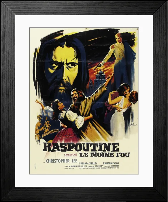 Framed Print : RASPUTIN: THE MAD MONK, (aka RASPOUTINE: LE MOINE FOU), French poster art: Christopher Lee as Rasputin (three times, bearded), Barbara Shelley (right, white dress), 1966