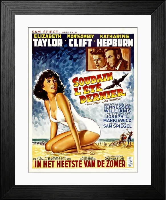 Framed Print : SUDDENLY LAST SUMMER, (aka SOUDAIN L'ETE DERNIER), Elizabeth Taylor (left); top right: Katharine Hepburn, Montgomery Clift, Belgian poster, 1959