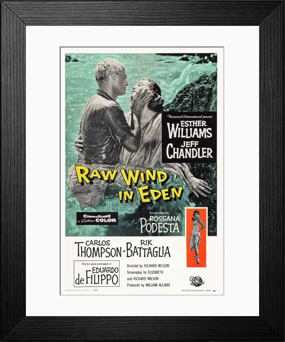 Framed Print : RAW WIND IN EDEN, US poster art, top from left: Jeff Chandler, Esther Williams; bottom right: Rossana Podesta, 1958