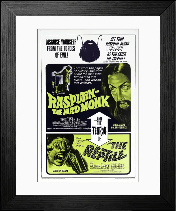 Framed Print : RASPUTIN-THE MAD MONK, THE REPTILE, US poster, Christopher Lee (top right), Noel Willman, 1966
