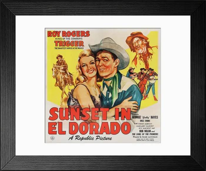 Framed Print : SUNSET IN EL DORADO, US poster art, center from left: Dale Evans, Roy Rogers; top right: George Hayes, 1945