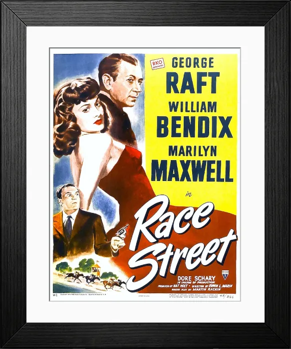 Framed Print : RACE STREET, US poster, from top: George Raft, Marilyn Maxwell, William Bendix, 1948