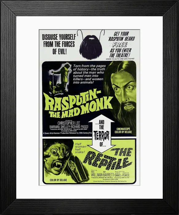 Framed Print : RASPUTIN: THE MAD MONK, Christopher Lee as Rasputin (top right), 1966; THE REPTILE, Jacqueline Pearce, 1966. TM & copyright 20th Century Fox Film Corp