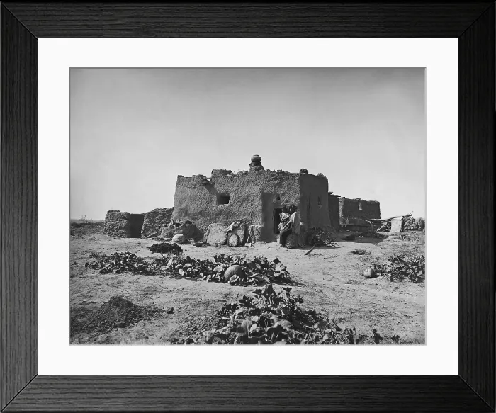 Framed Print : Pumpkins grow in front of a single-family Zuni adobe, 1879, photo by John K. Hillers