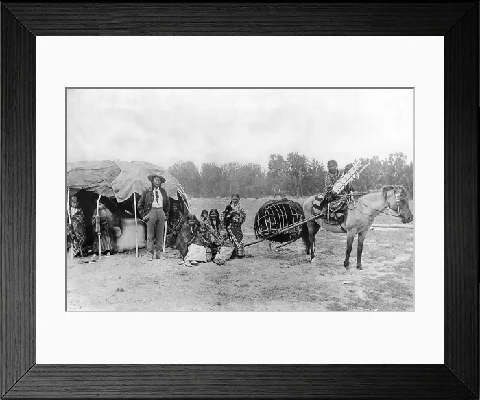 Framed Print : The dog-drawn or horse-drawn travois was a staple transport tool for North American Plains Indians