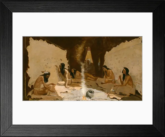 Framed Print : HISTORIANS OF THE TRIBE, ca. 1890, by Frederic Remington. Five young men paint a winter count, in an Indian interior Framed Print : HISTORIANS OF THE TRIBE, ca. 1890, by Frederic Remington. Five young men paint a winter count, in an Indian interior