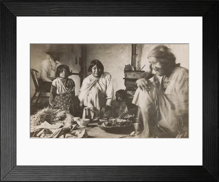 Framed Print : Zuni Indians eat breakfast at Ojo Pescado Pueblo, about 15 miles east of Zuni Pueblo, 1912, in this photo by Hugh Mears Neighbour