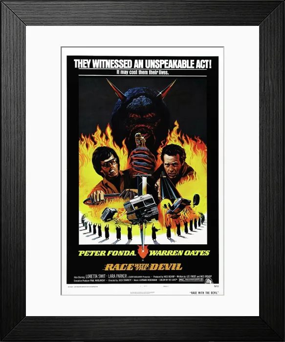 Framed Print : RACE WITH THE DEVIL, US poster, from left: Peter Fonda, Warren Oates, 1975, TM & Copyright 20th Century Fox Film Corp. / courtesy Everett Collection Framed Print : RACE WITH THE DEVIL, US poster, from left: Peter Fonda, Warren Oates, 1975, TM & Copyright 20th Century Fox Film Corp. / courtesy Everett Collection