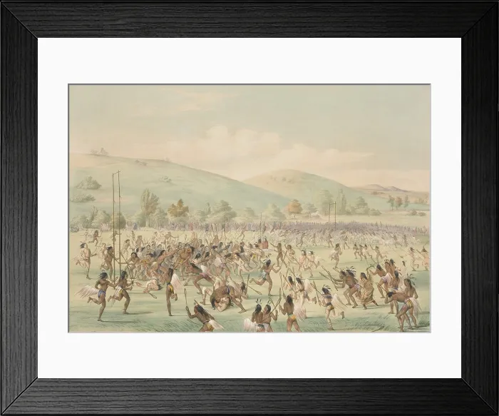 Framed Print : THE INDIAN BALL GAME, undated 19th-century color lithograph by George Catlin. Lacrosse originated in northeastern North America