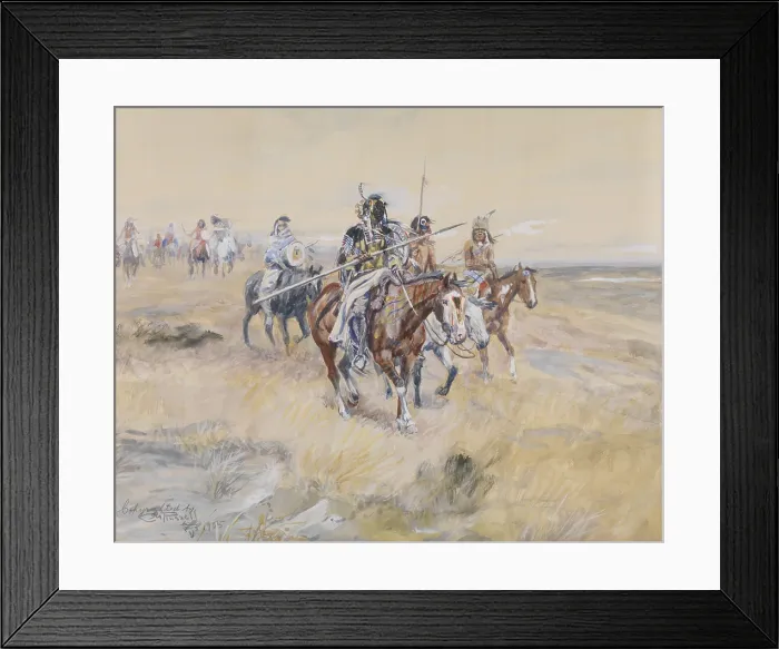 Framed Print : BLACKFEET. ACROSS THE PLAINS - ON THE WARPATH, 1905, by Charles M. Russell, watercolor and gouache on paper