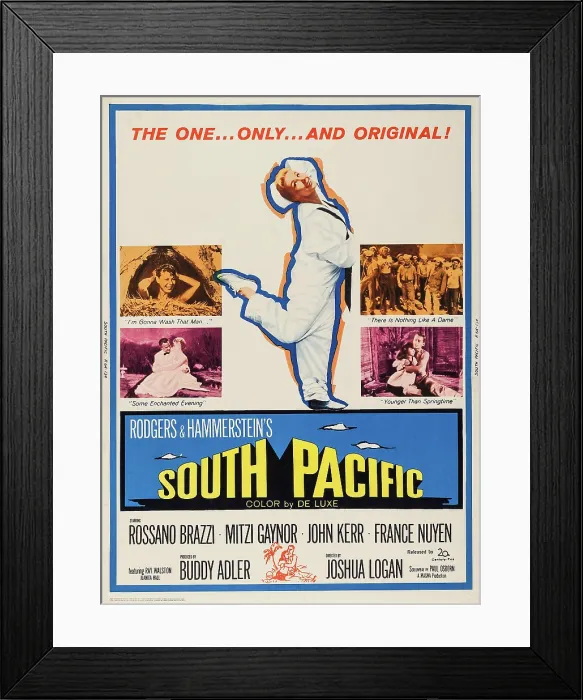 Framed Print : SOUTH PACIFIC, US poster art, Mitzi Gaynor, (center); bottom left insert: Rossano Brazzi, Mitzi Gaynor; bottom right insert: Mitzi Gaynor, John Kerr, 1958