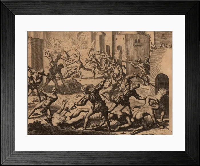 Framed Print : Francisco Pissarro's soldiers massacre Incan men, women, and children in a fortified settlement Framed Print : Francisco Pissarro's soldiers massacre Incan men, women, and children in a fortified settlement