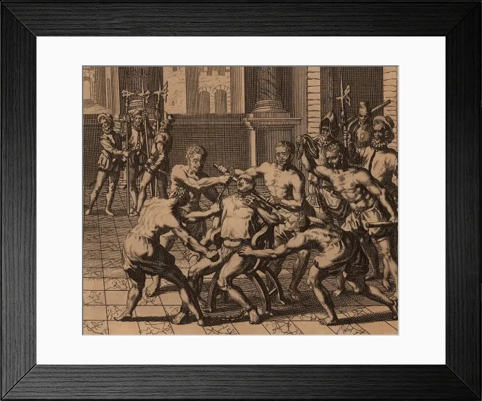 Framed Print : The execution of Incan Atahualpa on July 26, 1533. The 33-year-old emperor is strangled with a pole and rope by African slaves under orders from the Spanish