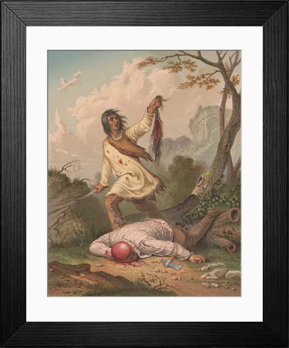 Framed Print : THE DEATH CRY, ca. 1852, lithograph after a painting by Seth Eastman. A Native American holds a knife and scalp over a dead man's body Framed Print : THE DEATH CRY, ca. 1852, lithograph after a painting by Seth Eastman. A Native American holds a knife and scalp over a dead man's body