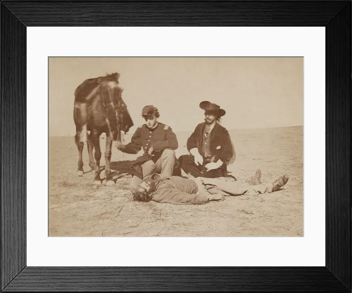 Framed Print : MORRRISON, A WOLF HUNTER, KILLED NEAR FORT DODGE. A US Army officer and civilian scout examine the scalped head of a victim of Cheyenne Indians in Kansas (BSLOC_2019_9_96)