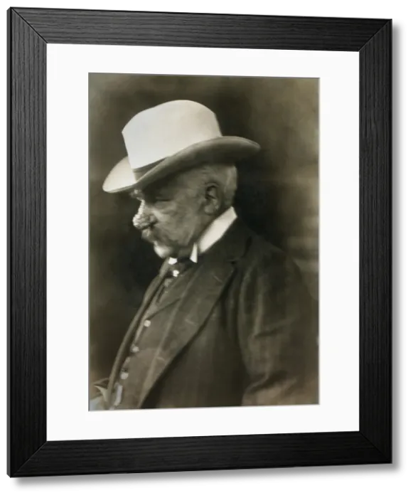 Framed Print : John Pierpont Morgan in candid news photo, c. 1900-13. The profile photo shows his afflicted nose