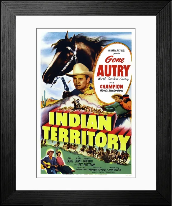 Framed Print : INDIAN TERRITORY, US poster, Gene Autry (top left), bottom from left: Gene Autry, Gail Davis, 1950