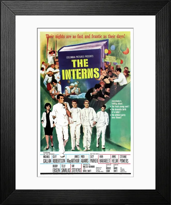Framed Print : THE INTERNS, US poster art, bottom from left: Suzy Parker, Michael Callan, James MacArthur, Nick Adams, Cliff Robertson, 1962