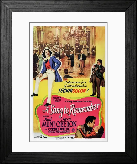 Framed Print : A SONG TO REMEMBER, US poster art, top left: Merle Oberon; top right: Paul Muni; bottom right: Cornel Wilde, Merle Oberon, 1945