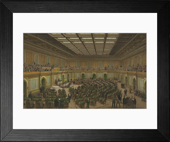 Framed Print : Interior view of the new House of Representatives wing of the U.S. Capitol shows Congress in session and spectators in the gallery