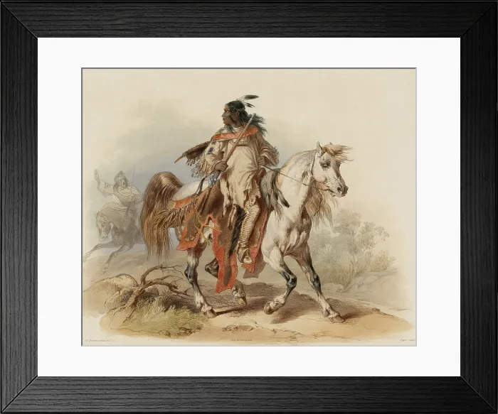 Framed Print : A Blackfoot Indian on horseback, is dressed in buckskins and armed with a rifle. Blackfoot Indians lived in the Northern Great Plains, in Montana, Idaho, and Alberta