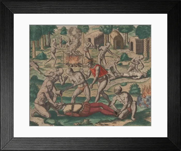 Framed Print : Native Americans along the coast of Panama pour molten gold into the throat of a tied-up Spaniard. The torture retaliated against the relentless European greed for gold