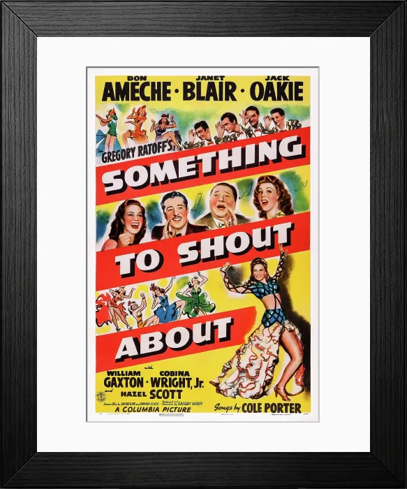 Framed Print : SOMETHING TO SHOUT ABOUT, US poster art, from left: Cobina Wright Jr. (aka Cobina Wright), Don Ameche, Jack Oakie, Janet Blair, 1943