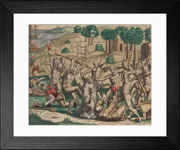 Framed Print : Native Americans near Cumana (Venezuela) massacre monks and Spanish traders, ca. 1494-1498