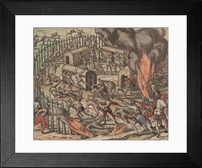Framed Print : Spaniards attack a native American settlement Framed Print : Spaniards attack a native American settlement