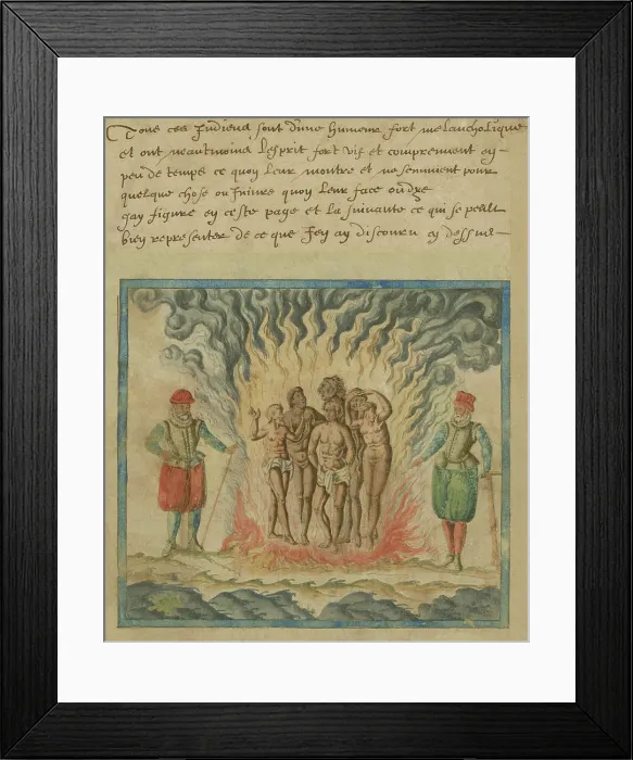 Framed Print : SPANIARDS BURN NATIVE AMERICANS, 1602, watercolor painting by Samuel de Champlain