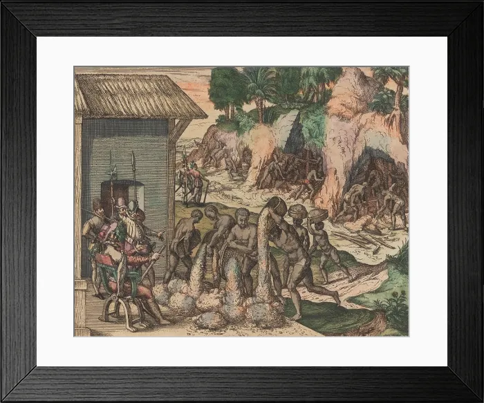 Framed Print : In one of the earliest depictions of African Slavery in the New World, in which African slaves pour ore in front of European soldiers. In the background, slaves work in the mines