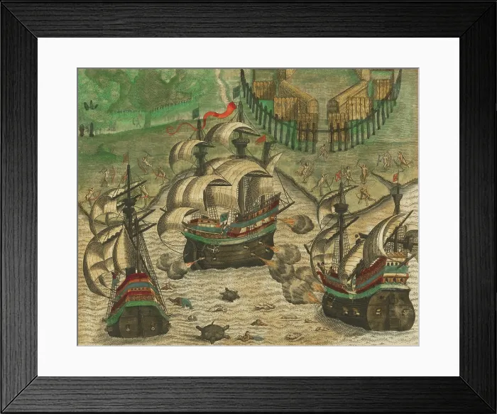 Framed Print : Naval warfare between two Portuguese and French ships at Pernambuco, in present-day Brazil Framed Print : Naval warfare between two Portuguese and French ships at Pernambuco, in present-day Brazil