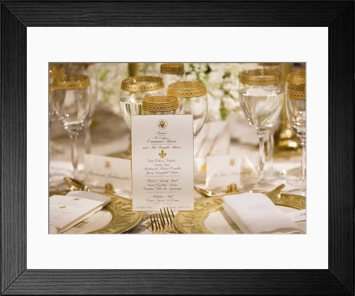 Framed Print : Menu and place setting at the White House State Dinner for President of France and Mrs. Macron. April 24, 2018 (BSLOC_2018_4_250) Framed Print : Menu and place setting at the White House State Dinner for President of France and Mrs. Macron. April 24, 2018 (BSLOC_2018_4_250)