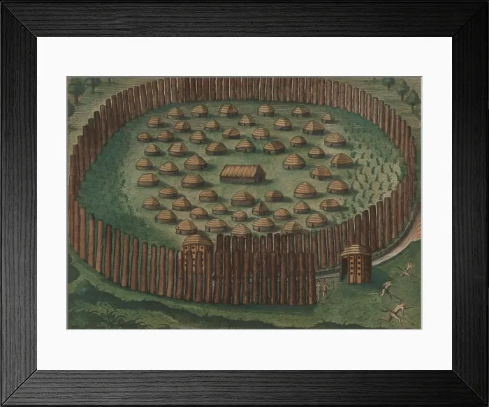 Framed Print : A native American fortified town in Florida surrounded by a palisade. At lower right, warriors run out of the entrance, possibly in pursuit of an intruder