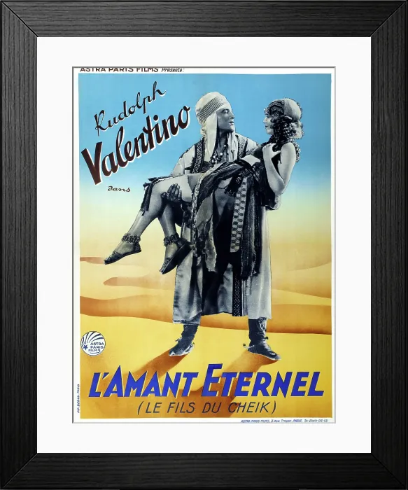 Framed Print : THE SON OF THE SHEIK (aka L'AMANT ETERNEL), from left: Rudolph Valentino, Vilma Banky on French poster art, 1926