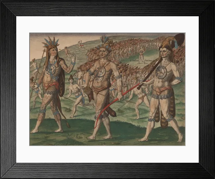 Framed Print : Three Timucua vassal chiefs before a large group of warriors in the distance. They prepare for a battle against Chief Potano, their enemy to the west