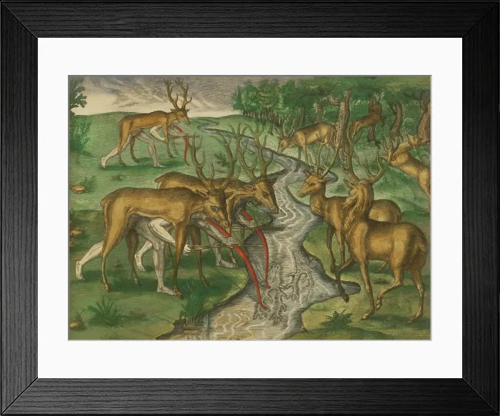 Framed Print : Timucuan Indian hunters of Florida, concealed under deer hides with bows and arrows, stalk their unsuspecting prey across a small stream