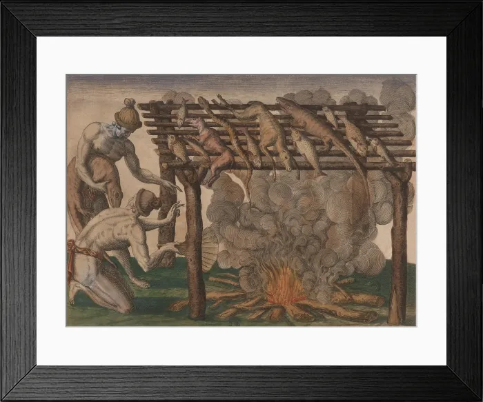 Framed Print : Timucuan Indians in Florida dry fish and game over a fire Framed Print : Timucuan Indians in Florida dry fish and game over a fire