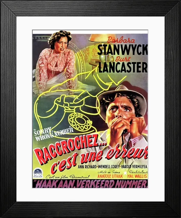 Framed Print : SORRY WRONG NUMBER (aka RACCROCHEZ...C'EST UNE ERREUR), Barbara Stanwyck, Burt Lancaster, (Belgian poster art), 1948 Framed Print : SORRY WRONG NUMBER (aka RACCROCHEZ...C'EST UNE ERREUR), Barbara Stanwyck, Burt Lancaster, (Belgian poster art), 1948