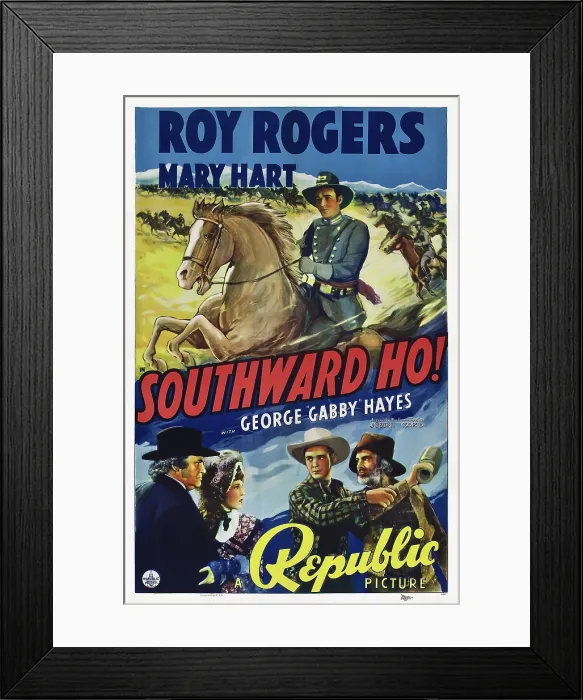 Framed Print : SOUTHWARD HO!, top: Roy Rogers, bottom center: Roy Rogers, bottom right: George Gabby Hayes, 1939 Framed Print : SOUTHWARD HO!, top: Roy Rogers, bottom center: Roy Rogers, bottom right: George Gabby Hayes, 1939