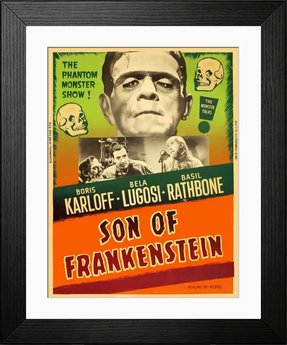 Framed Print : SON OF FRANKENSTEIN, top center: Boris Karloff, bottom center from left: Boris Karloff, Basil Rathbone, Bela Lugosi on 1953 poster art, 1939 Framed Print : SON OF FRANKENSTEIN, top center: Boris Karloff, bottom center from left: Boris Karloff, Basil Rathbone, Bela Lugosi on 1953 poster art, 1939