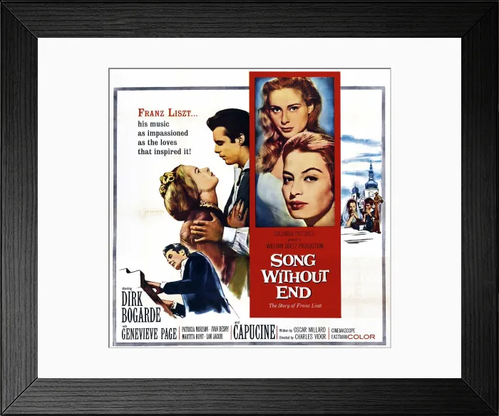 Framed Print : SONG WITHOUT END, US poster art, right: Dirk Bogarde; insert from top: Genevieve Page, Capucine, 1960 Framed Print : SONG WITHOUT END, US poster art, right: Dirk Bogarde; insert from top: Genevieve Page, Capucine, 1960