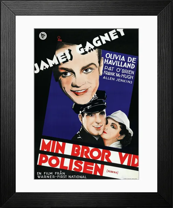 Framed Print : THE IRISH IN US, (aka MIN BROR VID POLISEN), l-r: James Cagney, Pat O'Brien, Olivia de Havilland on Swedish poster art, 1935