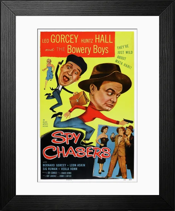Framed Print : SPY CHASERS, US poster, top from left: Lisa Davis, Huntz Hall, Leo Gorcey, bottom from left: Veola Vonn, Leo Gorcey, Huntz Hall, 1955