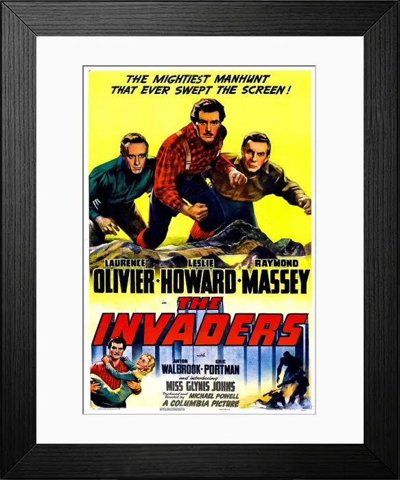 Framed Print : THE INVADERS (aka 49TH PARALLEL), US poster, top left: Leslie Howard, Laurence Olivier, Raymond Massey, bottom left: Laurence Olivier, Glynis Johns, 1941
