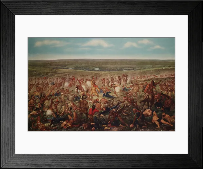 Framed Print : Battle of the Little Big Horn, June 26, 1876. Broad view shows the massacre of Gen. George Custer's regiment by Cheyenne and Sioux Indians Framed Print : Battle of the Little Big Horn, June 26, 1876. Broad view shows the massacre of Gen. George Custer's regiment by Cheyenne and Sioux Indians